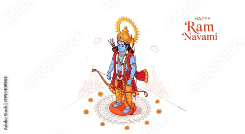 Illustration of Lord Rama standing on a decorative base with a bow and arrow, surrounded by orange dots on a white background, celebrating Happy Ram Navami with vibrant colors and