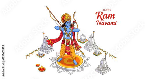 Illustration of Lord Rama standing on a decorative plate with temples and offerings, celebrating Happy Ram Navami in a vibrant and religious setting.