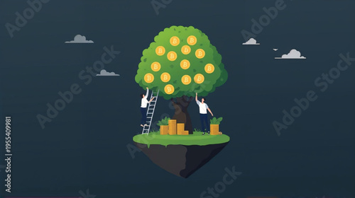 A flat vector illustration of two people harvesting golden bitcoins from a lush green bitcoin tree on a small floating island.