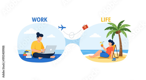Work life balance concept: person working on laptop vs person relaxing on beach