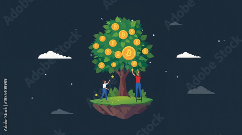 A flat vector illustration of two people harvesting golden bitcoins from a lush green bitcoin tree on a small floating island.