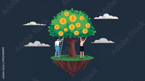 A flat vector illustration of two people harvesting golden bitcoins from a lush green bitcoin tree on a small floating island.