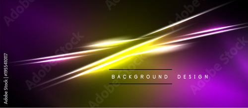 Abstract background features vibrant purple, yellow light streaks. Modern design evokes energy, motion, sleekness. Minimalist aesthetic.