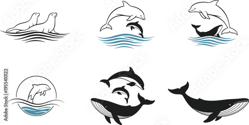 Marine Life Icon Set Featuring Dolphin, Whale, and Seal Illustrations in Minimalist Vector Style for Ocean Conservation Logos, Nautical Branding, and Education