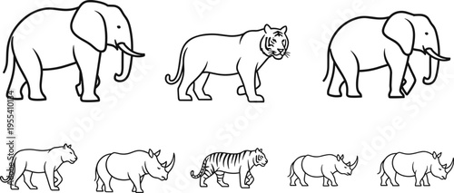 Bilde på lerret Safari Wild Animal Icon Set with Elephant, Tiger, and Rhino Line Art Illustratio