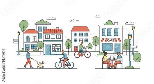 Urban Street Scene: People Walking Dog, Cycling, and Relaxing at Cafe