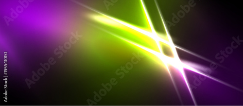 Abstract vibrant light streaks. Purple, green, yellow hues blend into darkness. Dynamic energy radiates from central point.