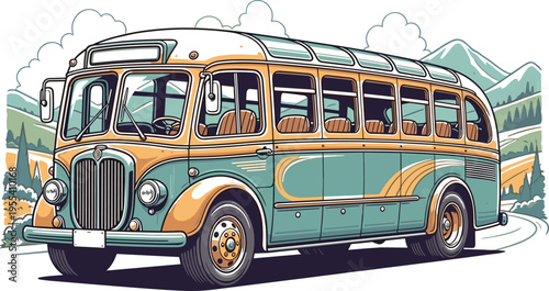 Vintage Classic Sightseeing Bus Vector Illustration with Retro Design and Mountain Landscape Background for Travel Tourism Posters, Postcards, and Adventure Branding