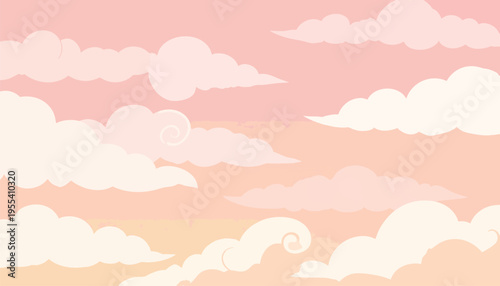 Sunset scene with fluffy clouds floating gently across sky