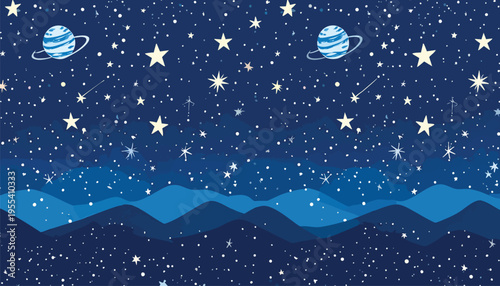 A serene celestial scene with planets, stars, and galaxies floating above a mountain range at night.