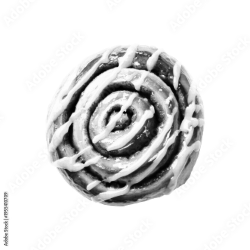 Halftone cinnamon roll pastry isolated on white background. Black and white illustration of sweet spiral bun with icing, bakery dessert concept.