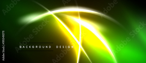 Abstract neon lights create vibrant green, yellow glow. Dynamic curves suggest energy, movement. Dark background emphasizes luminosity.
