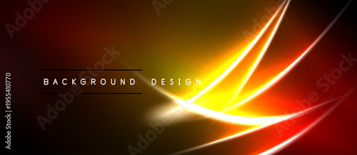Abstract vibrant background. Orange, yellow glows create dynamic lines. Dark space surrounds bright central design elements.
