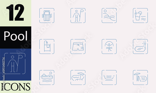 Poolside Activity Icons Set – Swimming Pool Lifestyle Vector Symbols