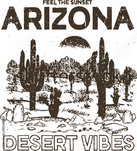 A brown and white graphic of arizona desert landscape