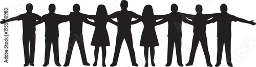 Diverse group of people standing together, arms outstretched, forming a human chain, vector silhouette illustration