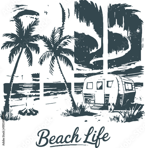 A beach scene with a campervan and palm trees