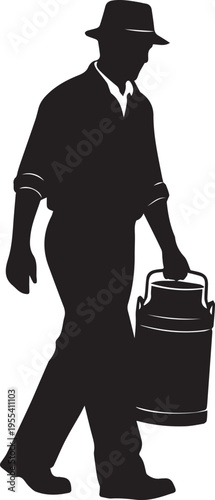 Milkman silhouette illustration holding metal canister walking outdoors with vintage hat vector