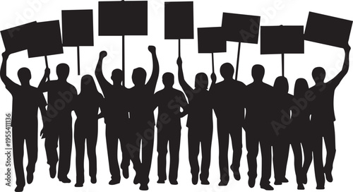 Protest crowd silhouette with people holding signs and banners vector illustration concept