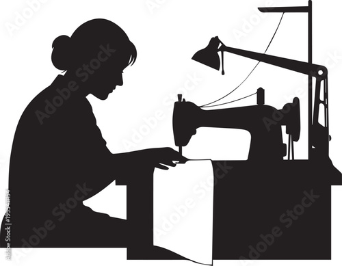 Tailor silhouette illustration sewing fabric with industrial machine and lamp work vector