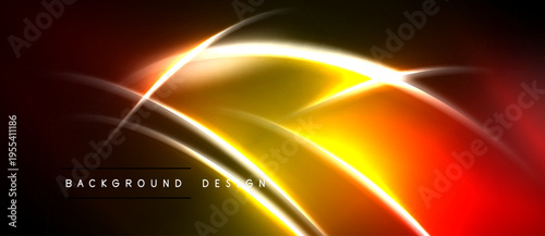 Abstract design features vibrant orange, yellow glows. Dynamic curves create modern, energetic visual impact. Dark background enhances luminosity.