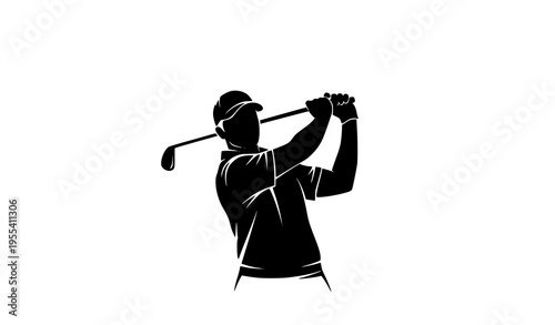 Male golfer silhouette logo vector mid backswing golf swing sports icon isolated on white