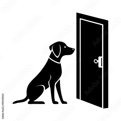 Black silhouette dog waiting at door, patiently observing closed entryway. Loyal canine sits by door, anticipating owner return or activity, showing eagerness, devotion.