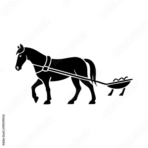 Solid black silhouette of horse pulling plow working in field, depicting traditional agricultural practices. Strong farm horse pulling plow with harness.