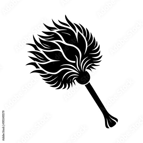 Classic ostrich feather duster illustration, simple black design for dusting tasks. Object displays traditional feather duster, useful for cleaning surfaces.