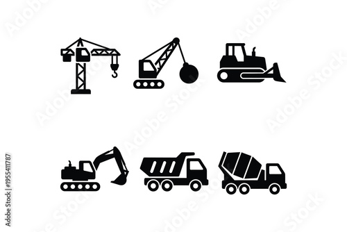 Construction Vehicles Icons Set - Heavy Machinery Black Silhouette Collection