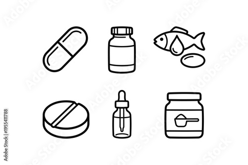 Dietary supplements and medication line icon set - Pills capsules and vitamins outline icons collection