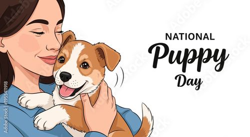Illustration of a woman hugging and kissing a cute brown and white puppy on National Puppy Day with a playful and affectionate mood.