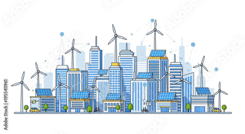 Eco-friendly cityscape with wind turbines and solar panels, smart city concept