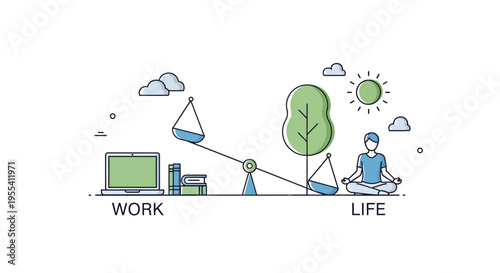 Work-life balance concept: scale balancing laptop and books against person meditating in nature.