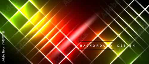 Vibrant neon lines intersect, creating abstract geometric pattern. Colors shift from green to red, illuminated against black backdrop.