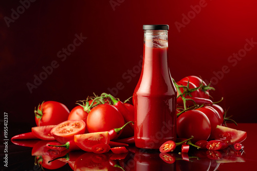 Bottle of ketchup or tomato sauce with fresh tomatoes.