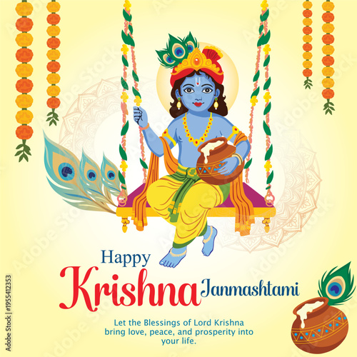 Happy Krishna Janmashtami: A vibrant and colorful illustration of the Hindu deity Krishna, seated on a swing, surrounded by festive decorations, celebrating the auspicious occasion of Janmashtami. 