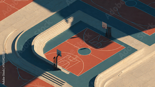 Creative isometric view of an architectural basketball court with geometry.