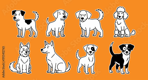 Set of 8 Cute Dog Breed Icons Vector Illustration with Poodle Labrador and Terrier Characters on Orange Background