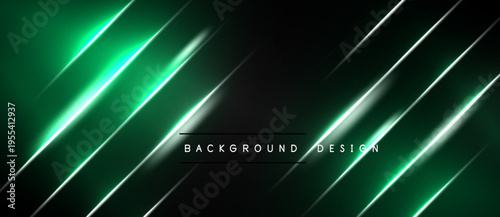 Dark backdrop features vibrant green neon lines. Diagonal streaks create dynamic visual effect. Text reads background design. Modern, sleek presentation.