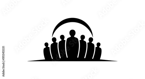 Group of people standing together under a large arch symbolizing unity and teamwork.