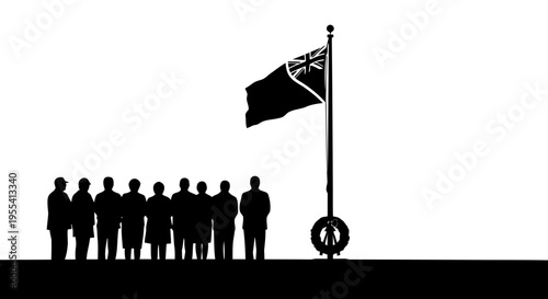 A group of silhouetted people standing near a flagpole with a flag.