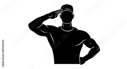 A black silhouette of a man saluting with his right hand on his hip
