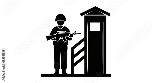 A guard standing with a gun next to a sentry box.