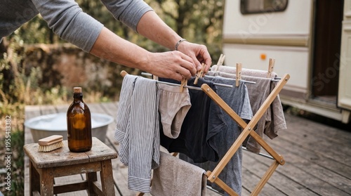 Hands hanging laundry on a drying rack outside near a camper sustainable nomad living concept