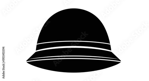 A simple black hat with a wide brim and white stripes on a white background.