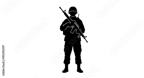 Silhouette of a soldier holding a rifle in a tactical stance
