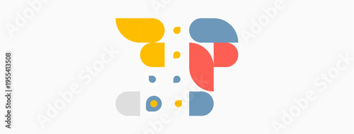 Abstract geometric shapes, colorful design. Circles, curves, overlapping forms create modern visual. Simple background enhances composition.