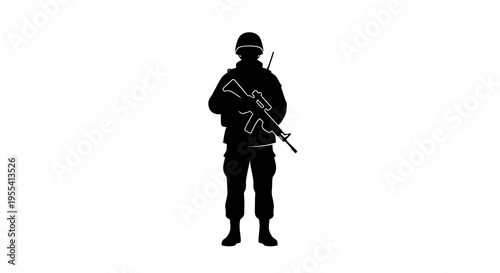 Silhouette of a soldier holding a rifle against a white background.