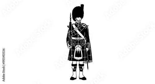 A traditional scottish highlander in full dress uniform standing at attention.